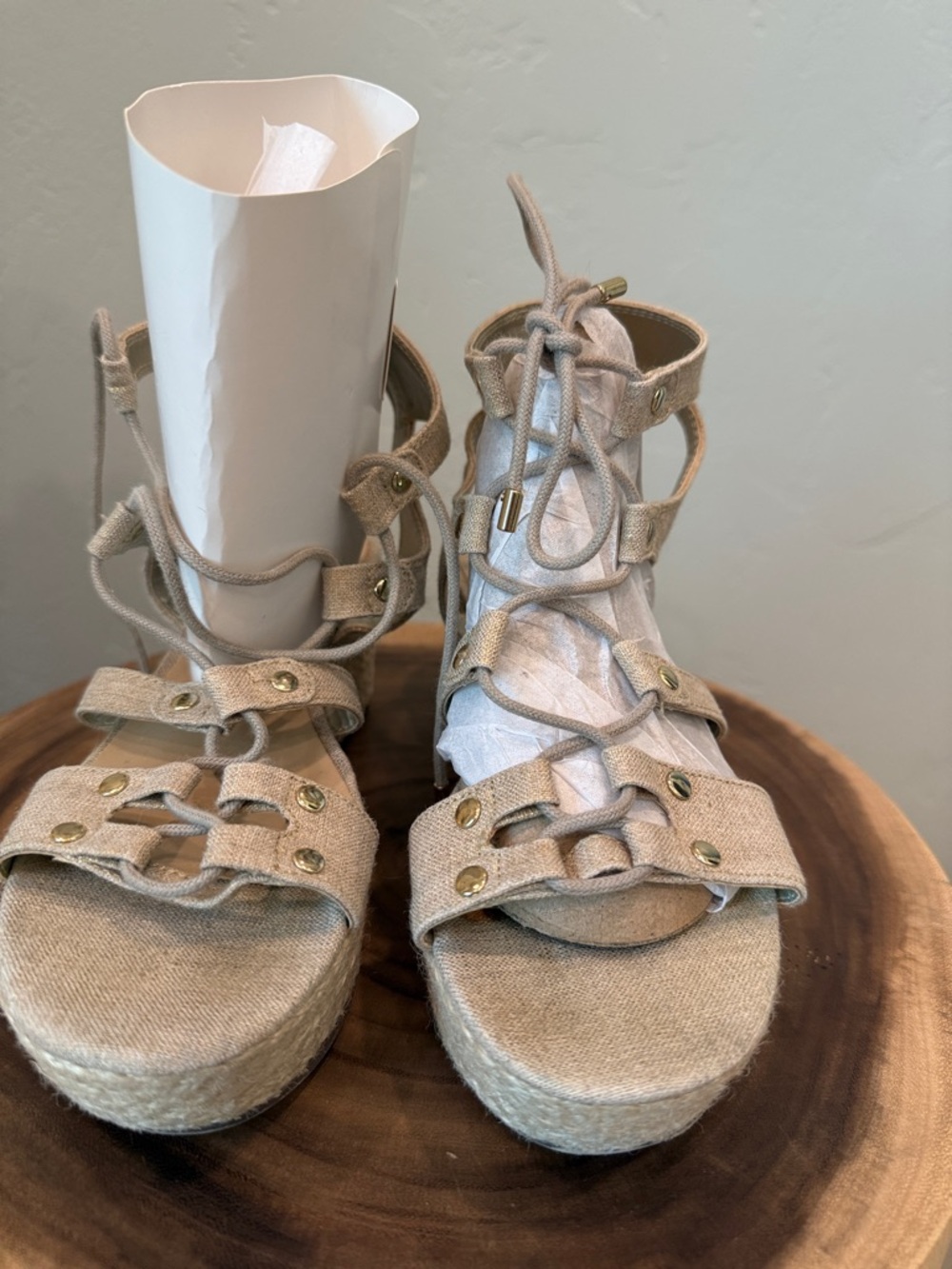 Unisa Beige Espadrille Lace-Up Wedge Sandals